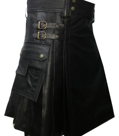 Black Leather Utility Kilt with pockets