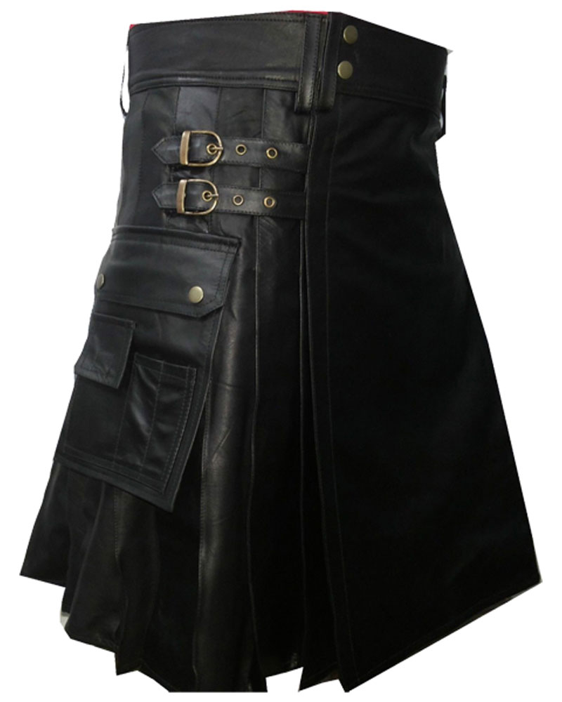 Black Leather Utility Kilt with pockets