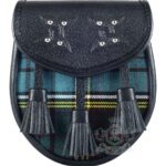 Anderson tartan sporran with black leather body and clan Anderson tartan front panel featuring chain strap and Scottish kilt pouch design