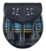 Anderson tartan sporran with black leather body and clan Anderson tartan front panel featuring chain strap and Scottish kilt pouch design