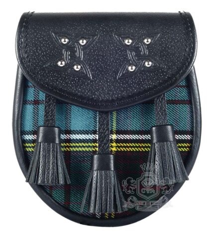 Anderson tartan sporran with black leather body and clan Anderson tartan front panel featuring chain strap and Scottish kilt pouch design