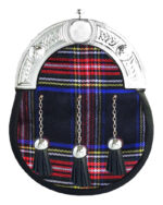 Black Stewart tartan full dress leather sporran with chrome Celtic cantle and three tassels on chain belt
