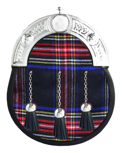 Black Stewart tartan full dress leather sporran with chrome Celtic cantle and three tassels on chain belt