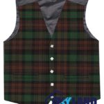 Brown Watch tartan waistcoat front view—5-button Argyle vest in earthy brown, green and black heritage pattern