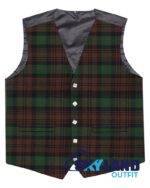Brown Watch tartan waistcoat front view—5-button Argyle vest in earthy brown, green and black heritage pattern