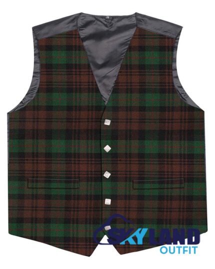Brown Watch tartan waistcoat front view—5-button Argyle vest in earthy brown, green and black heritage pattern