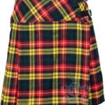 Buchanan Tartan Mini Billie Kilt Girls Modern Kilt Skirt with vibrant yellow and red plaid pattern and pleated design for young Highland fashion