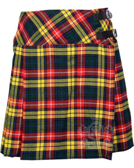 Buchanan Tartan Mini Billie Kilt Girls Modern Kilt Skirt with vibrant yellow and red plaid pattern and pleated design for young Highland fashion