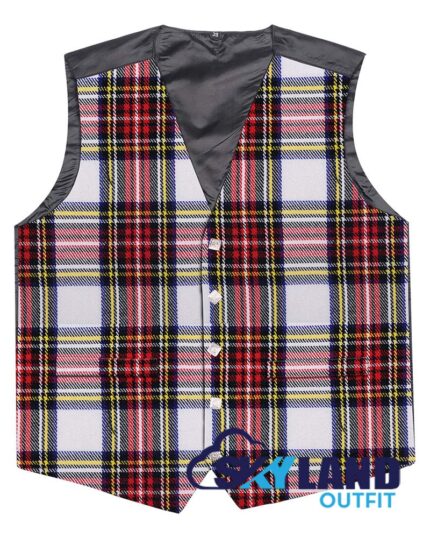 Dress Stewart tartan waistcoat—5-button Argyle vest in bold red, green, blue, yellow Royal House of Stewart pattern