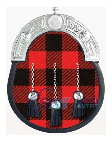 MacGregor Rob Roy tartan full dress leather sporran with red-black plaid and chrome Celtic cantle on chain belt