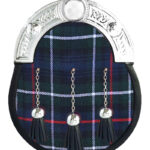 Mackenzie tartan full dress leather sporran with blue-green base and chrome Celtic cantle on chain belt