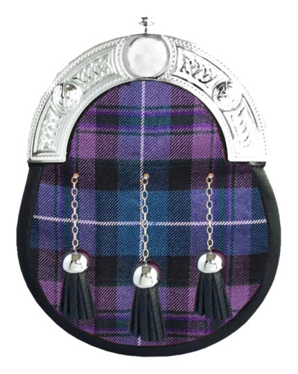 Pride of Scotland tartan full dress leather sporran with purple base and chrome Celtic cantle on chain belt