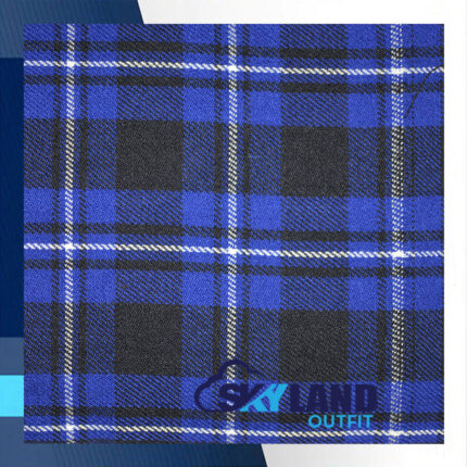 Ramsey Blue tartan fabric for sale showing vibrant modern dress sett pattern with royal blue white black checks, authentic Scottish wool textile by the yard