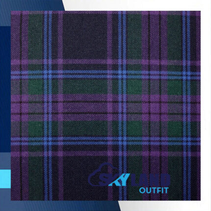 Spirit of Scotland tartan fabric for sale showing official purple-based pattern with large 11-inch sett design, authentic Scottish wool textile adopted by National Trust for Scotland