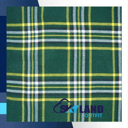 St. Patrick tartan fabric for sale showing green and gold sett pattern, Irish heritage Scottish wool textile by the yard for Celtic kilts and St. Patricks Day wear