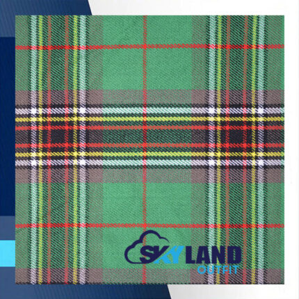 Tara Murphy tartan fabric for sale showing predominantly green MacLean of Duart based pattern, dual Irish Scottish heritage wool textile by the yard