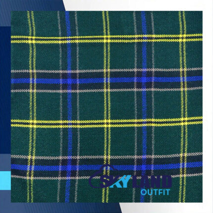 US Army tartan homespun fabric for sale showing official military sett with black gold olive khaki dark blue light green pattern, Scottish wool textile by the yard