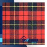 Wallace tartan homespun fabric for sale showing iconic Wallace Modern pattern with vibrant scarlet red base black stripes yellow overchecks, Scottish wool textile by the yard
