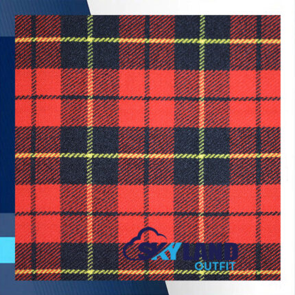 Wallace tartan homespun fabric for sale showing iconic Wallace Modern pattern with vibrant scarlet red base black stripes yellow overchecks, Scottish wool textile by the yard