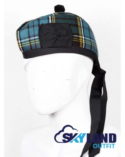 Anderson tartan Glengarry hat with red pom pom, authentic Scottish Highlander accessory featuring clan Anderson diced tartan pattern