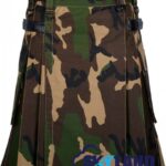 army camo utility kilt front view, army camo kilt side cargo pockets, adjustable leather strap utility kilt, cotton camo utility kilt for men, rugged army camo kilt,