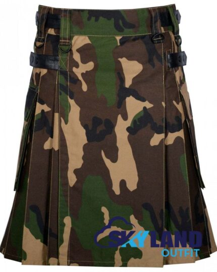 army camo utility kilt front view, army camo kilt side cargo pockets, adjustable leather strap utility kilt, cotton camo utility kilt for men, rugged army camo kilt,