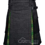 black denim hybrid utility kilt front view, Campbell Thompson tartan kilt back pleats, black denim and Irish tartan hybrid kilt, adjustable strap black denim kilt, cotton and denim hybrid utility kilt for men,