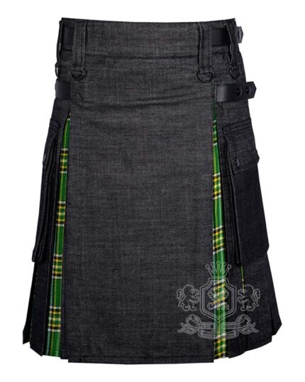 black denim hybrid utility kilt front view, Campbell Thompson tartan kilt back pleats, black denim and Irish tartan hybrid kilt, adjustable strap black denim kilt, cotton and denim hybrid utility kilt for men,