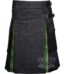 black denim hybrid utility kilt front view, Campbell Thompson tartan kilt back pleats, black denim and Irish tartan hybrid kilt, adjustable strap black denim kilt, cotton and denim hybrid utility kilt for men,