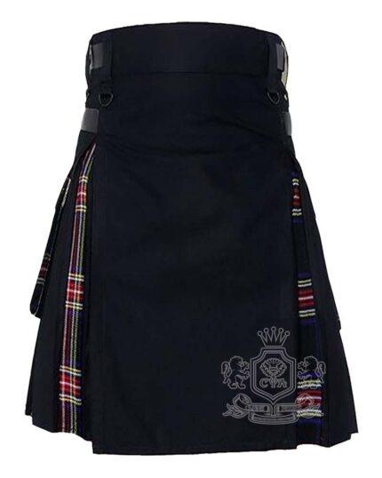 Black hybrid utility kilt with Black Stewart tartan pleats and pockets
