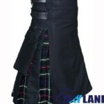 Black cotton and Mackenzie tartan hybrid utility kilt with side cargo pockets and leather straps for modern Scottish Highland wear