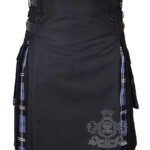 Man in Ramsey Blue tartan black cotton hybrid utility kilt