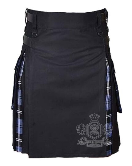 Man in Ramsey Blue tartan black cotton hybrid utility kilt