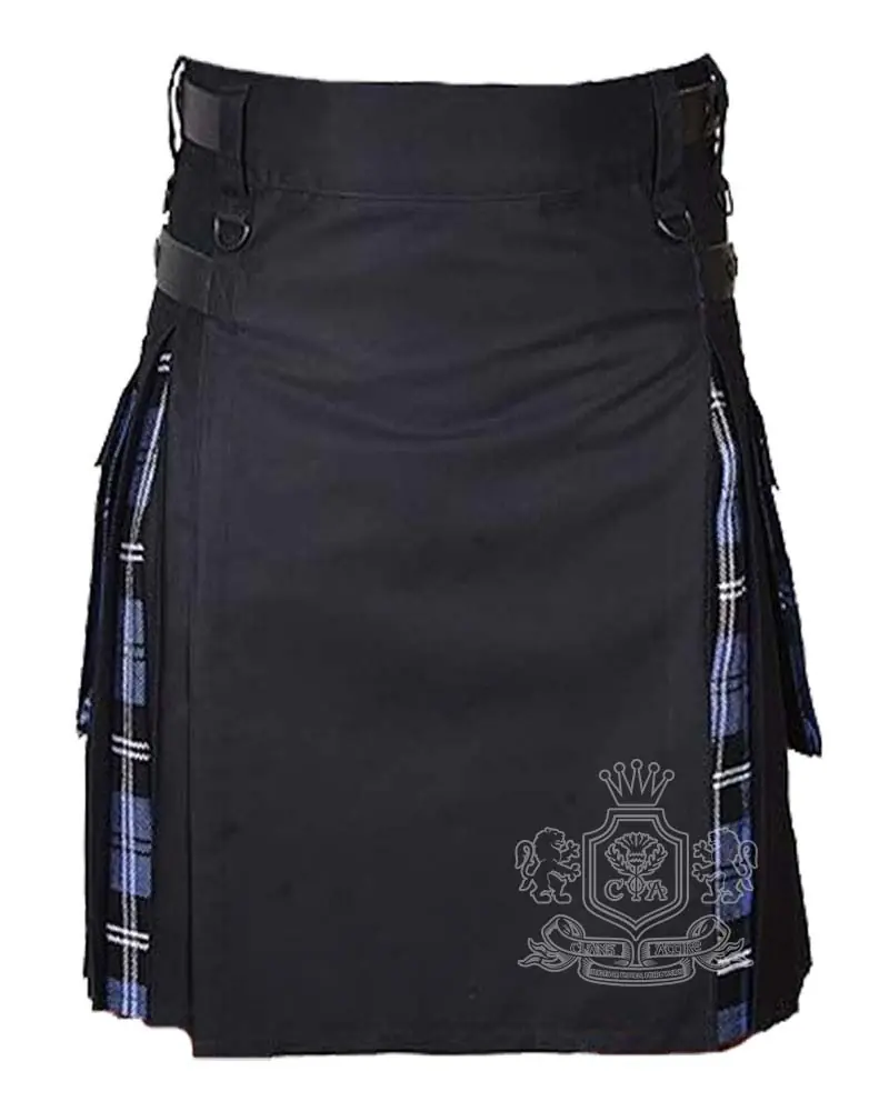 Man in Ramsey Blue tartan black cotton hybrid utility kilt