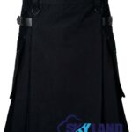 Black Cotton Utility Kilt with Adjustable Leather Straps