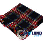 Black Stewart Tartan Kilt Fly Plaid with Free Brooch—48" hand-fringed Royal House black, red, yellow wool