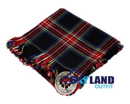 Black Stewart Tartan Kilt Fly Plaid with Free Brooch—48" hand-fringed Royal House black, red, yellow wool