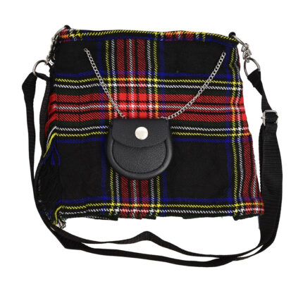 Black Stewart Tartan Ladies Kilt Shaped Purse Tote Bag for Highland Dress