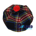 Black Stewart Tartan Tam o Shanter Scottish Flat Bonnet Hat for Highland Dress