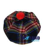 Black Stewart Tartan Tam o Shanter Scottish Flat Bonnet Hat for Highland Dress