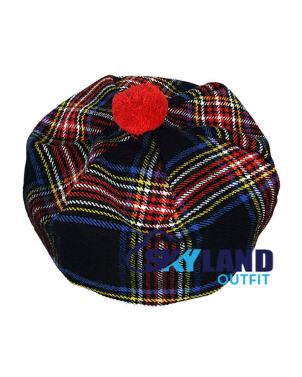 Black Stewart Tartan Tam o Shanter Scottish Flat Bonnet Hat for Highland Dress