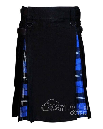 Man in Ramsey Blue Hunting tartan black cotton hybrid utility kilt