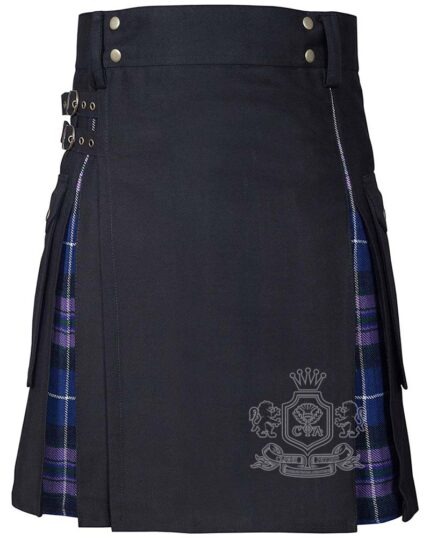 Man wearing Pride of Scotland tartan black cotton hybrid utility kilt