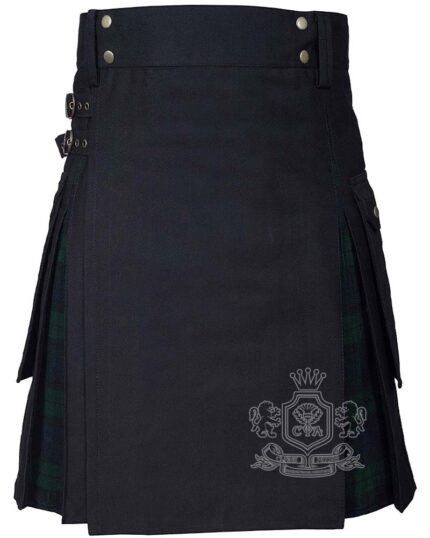 Black Watch tartan hybrid utility kilt with black cotton body