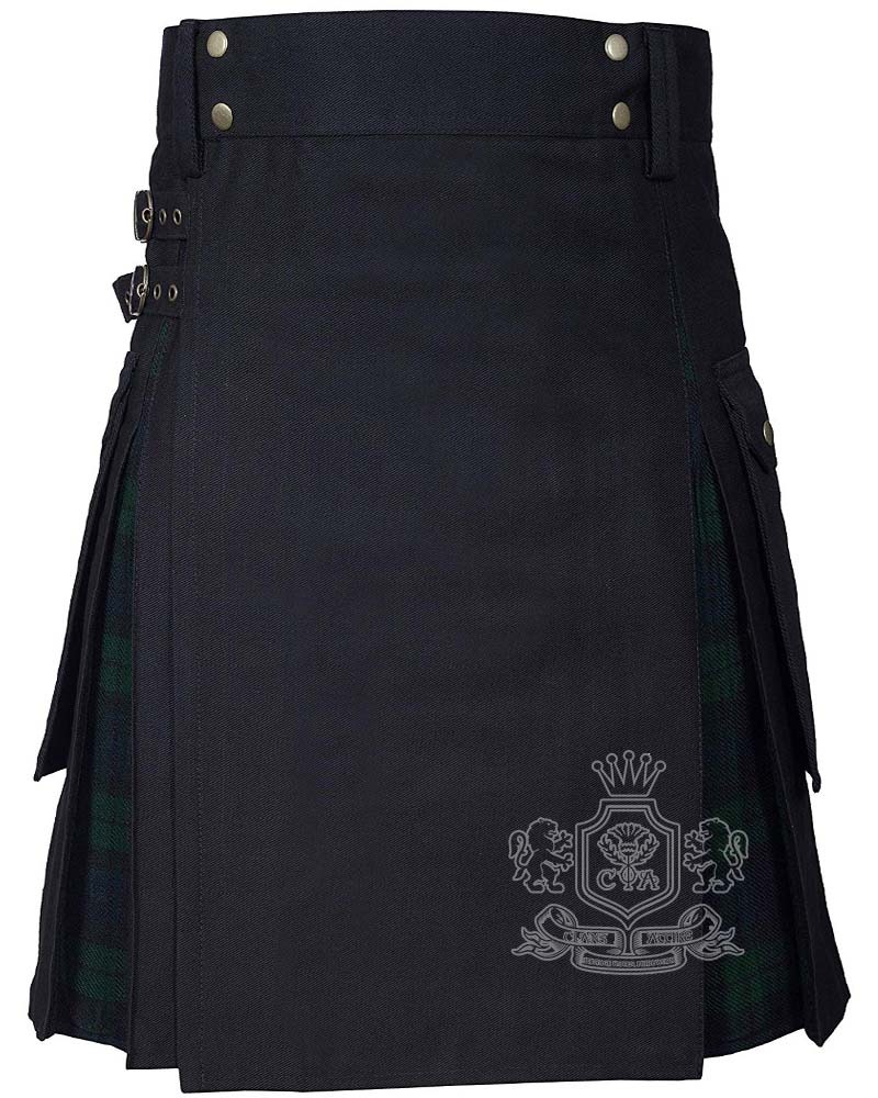 Black Watch tartan hybrid utility kilt with black cotton body