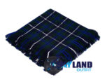 Douglas Blue tartan kilt fly plaid with free Celtic brooch, noble blue and grey clan pattern representing ancient Douglas clan Scottish heritage