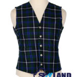 Douglas Blue tartan waistcoat front view—5-button Argyle vest in blue, green and black Clan Douglas "Never Behind" heritage pattern