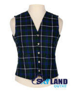 Douglas Blue tartan waistcoat front view—5-button Argyle vest in blue, green and black Clan Douglas "Never Behind" heritage pattern
