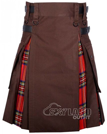 Man in Royal Stewart tartan brown cotton hybrid utility kilt