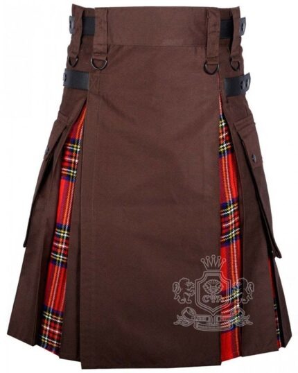 Man in Royal Stewart tartan brown cotton hybrid utility kilt